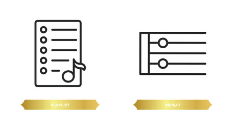 Poster - two editable outline icons from music and media concept. thin line icons such as playlist, repeat ve