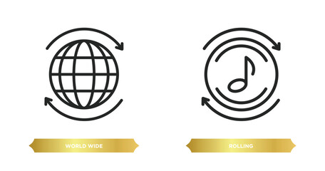 Poster - two editable outline icons from multimedia concept. thin line icons such as world wide, rolling vector.