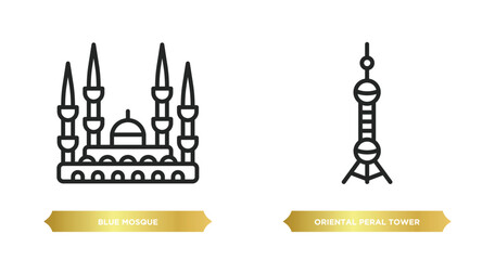 Poster - two editable outline icons from monuments concept. thin line icons such as blue mosque, oriental peral tower vector.