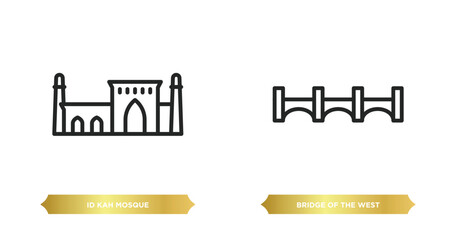 Poster - two editable outline icons from monuments concept. thin line icons such as id kah mosque, bridge of 