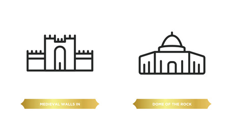 Poster - two editable outline icons from monuments concept. thin line icons such as medieval walls in avila, dome of the rock vector.