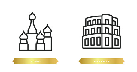 Wall Mural - two editable outline icons from monuments concept. thin line icons such as russia, pula arena vector.