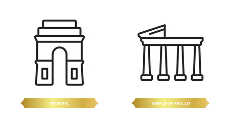 Poster - two editable outline icons from monuments concept. thin line icons such as medieval, temple of apollo vector.