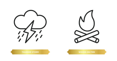 Poster - two editable outline icons from meteorology concept. thin line icons such as thunder storm, woods on fire vector.