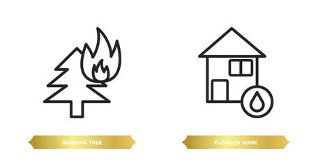 Sticker - two editable outline icons from meteorology concept. thin line icons such as burning tree, flooded home vector.