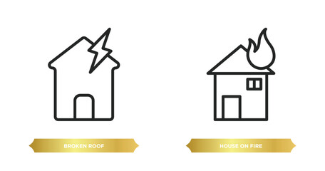 Poster - two editable outline icons from meteorology concept. thin line icons such as broken roof, house on f
