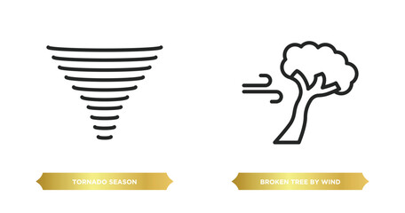 Poster - two editable outline icons from meteorology concept. thin line icons such as tornado season, broken tree by wind vector.