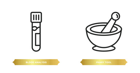 Poster - two editable outline icons from medical concept. thin line icons such as blood analysis, phary tool vector.