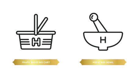 Poster - two editable outline icons from medical concept. thin line icons such as phary shopping cart, medicines bowl vector.