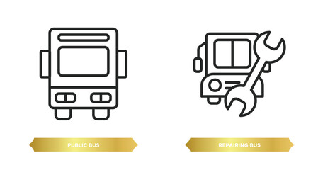 Poster - two editable outline icons from mechanicons concept. thin line icons such as public bus, repairing b