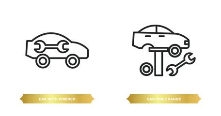 two editable outline icons from mechanicons concept. thin line icons such as car with wrench, car tire change vector.