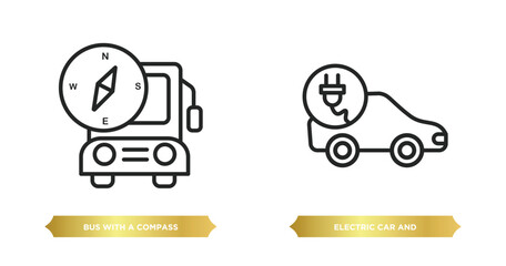 Poster - two editable outline icons from mechanicons concept. thin line icons such as bus with a compass, electric car and plug vector.