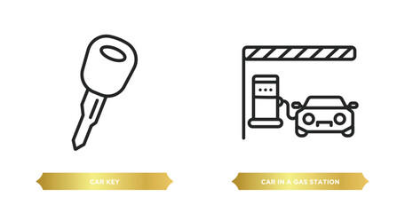 Poster - two editable outline icons from mechanicons concept. thin line icons such as car key, car in a gas s