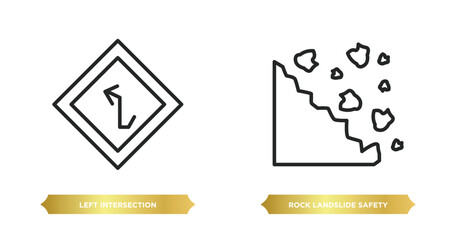 Poster - two editable outline icons from maps and flags concept. thin line icons such as left intersection, rock landslide safety vector.