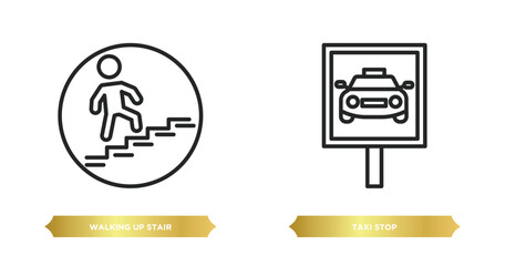 Poster - two editable outline icons from maps and flags concept. thin line icons such as walking up stair, taxi stop vector.