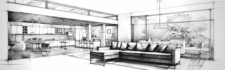 Wall Mural - A luxury black and white drawing sketch of an interior design by an architect designer