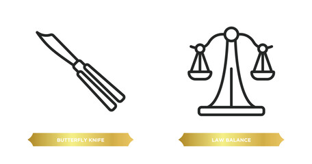 Poster - two editable outline icons from law and justice concept. thin line icons such as butterfly knife, law balance vector.
