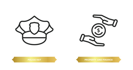 Poster - two editable outline icons from law and justice concept. thin line icons such as police hat, property and finance vector.