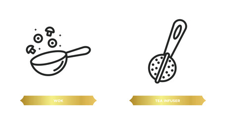 Poster - two editable outline icons from kitchen concept. thin line icons such as wok, tea infuser vector.