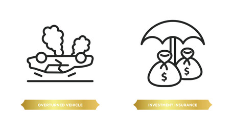 Sticker - two editable outline icons from insurance concept. thin line icons such as overturned vehicle, investment insurance vector.