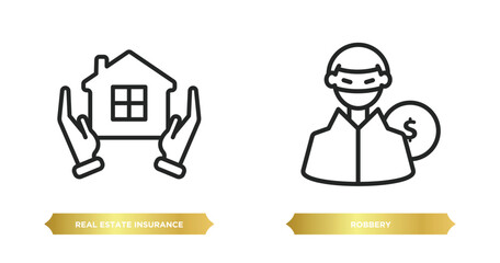 Sticker - two editable outline icons from insurance concept. thin line icons such as real estate insurance, robbery vector.