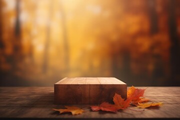 Wall Mural - empty wooden tabletop podium in open garden forest, blurred background of autumn plants with space. organic product present natural placement pedestal display, autumn concept. Generative AI