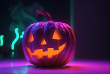 Halloween Pumpkin On Blue Neon Background With Copy Space. Happy Halloween Holiday Decorations. Generative AI