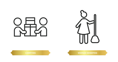 Poster - two editable outline icons from humans concept. thin line icons such as carrying, woman sweeping vector.