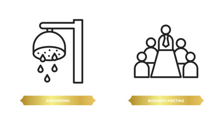 Poster - two editable outline icons from humans concept. thin line icons such as showering, business meeting vector.