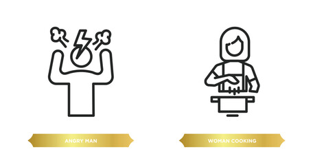 Poster - two editable outline icons from humans concept. thin line icons such as angry man, woman cooking vector.