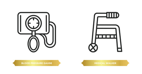 Poster - two editable outline icons from health and medical concept. thin line icons such as blood pressure gauge, medical walker vector.