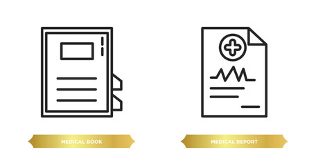 Wall Mural - two editable outline icons from health and medical concept. thin line icons such as medical book, medical report vector.