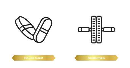 Poster - two editable outline icons from gym and fitness concept. thin line icons such as pill and tablet, fitness wheel vector.