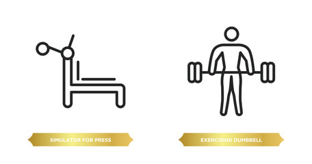 Poster - two editable outline icons from gym and fitness concept. thin line icons such as simulator for press, exercising dumbbell vector.