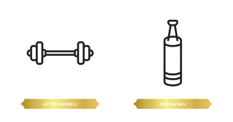 Poster - two editable outline icons from gym and fitness concept. thin line icons such as lifting barbell, boxing bag vector.