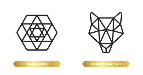 Poster - two editable outline icons from geometric figure concept. thin line icons such as triangle inside hexagon, polygonal wolf head vector.