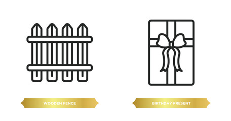 Poster - two editable outline icons from general concept. thin line icons such as wooden fence, birthday present vector.