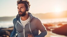 A Young Guy Listens To Music On Headphones While Jogging Along The Coast. A Man Goes In For Sports In Nature. Healthy Lifestyle. Illustration For Banner, Poster, Cover, Brochure Or Presentation.