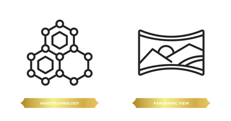 Poster - two editable outline icons from future technology concept. thin line icons such as nanotechnology, panoramic view vector.