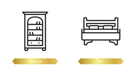 Poster - two editable outline icons from furniture collection. concept. thin line icons such as bookcase, bed vector.