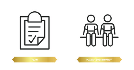 Poster - two editable outline icons from football concept. thin line icons such as plan, player substitution 