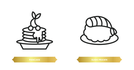 Wall Mural - two editable outline icons from food concept. thin line icons such as pancake, sushi prawn vector.