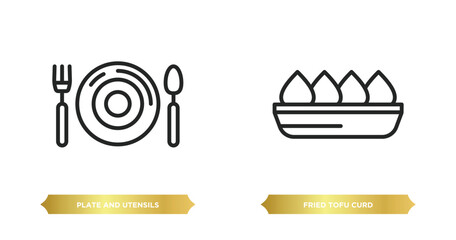 Poster - two editable outline icons from food concept. thin line icons such as plate and utensils, fried tofu curd balls vector.