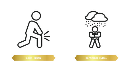 Poster - two editable outline icons from feelings concept. thin line icons such as sore human, depressed huma