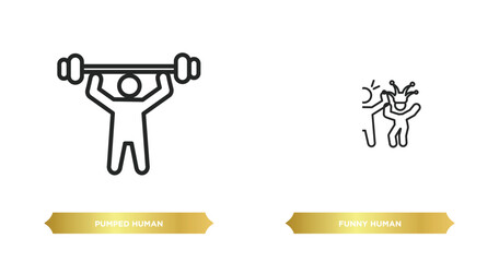 Poster - two editable outline icons from feelings concept. thin line icons such as pumped human, funny human 