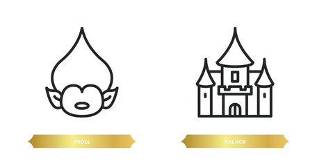 Wall Mural - two editable outline icons from fairy tale concept. thin line icons such as troll, palace vector.