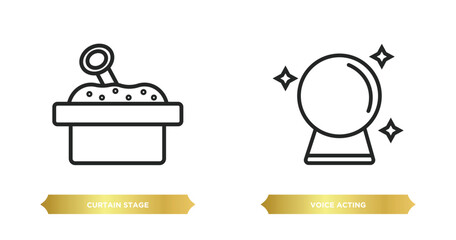 Poster - two editable outline icons from arcade concept. thin line icons such as curtain stage, voice acting 