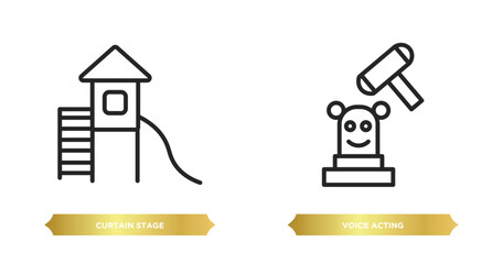 Poster - two editable outline icons from arcade concept. thin line icons such as curtain stage, voice acting 