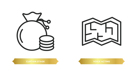 Poster - two editable outline icons from arcade concept. thin line icons such as curtain stage, voice acting 