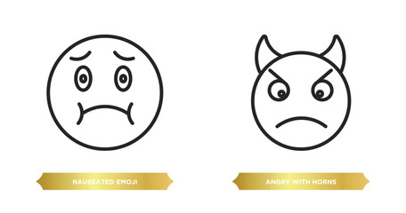 Poster - two editable outline icons from emoji concept. thin line icons such as nauseated emoji, angry with horns emoji vector.